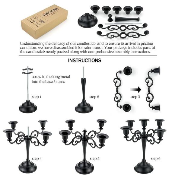 Metal Candle Holder,5 Arms Pure Black for Pillar Candles Halloween Decor New - Picture 5 of 7